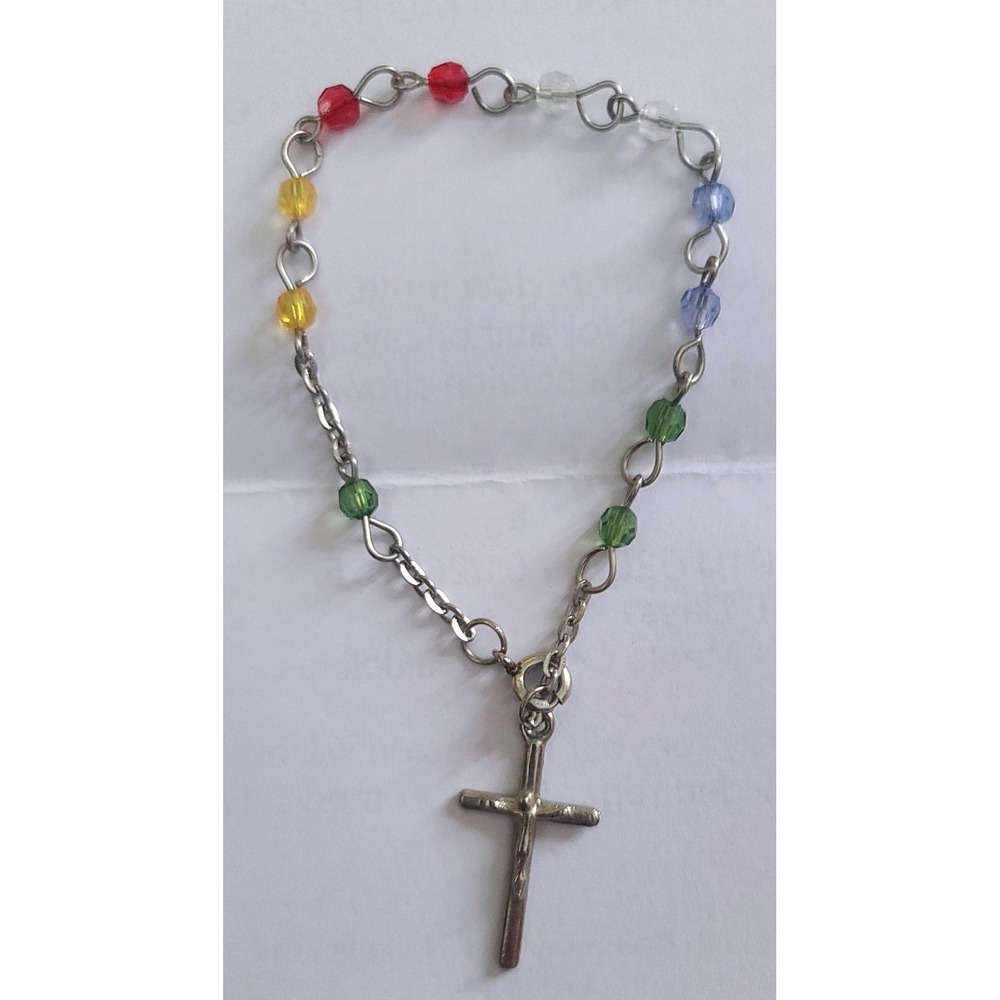 Vintage Multi-Color Beaded Decade Rosary Bracelet Silver Tone Crucifix Chaplet